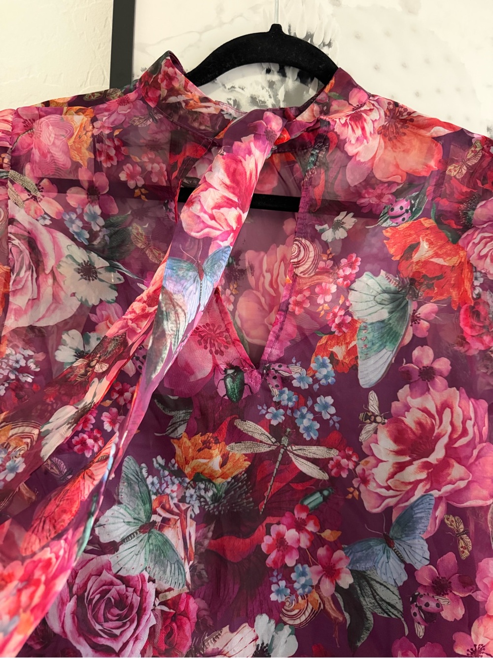 Anthropologie Organza Sheer Floral High-Neck Bow Back Blouse size Medium - Picture 8 of 13